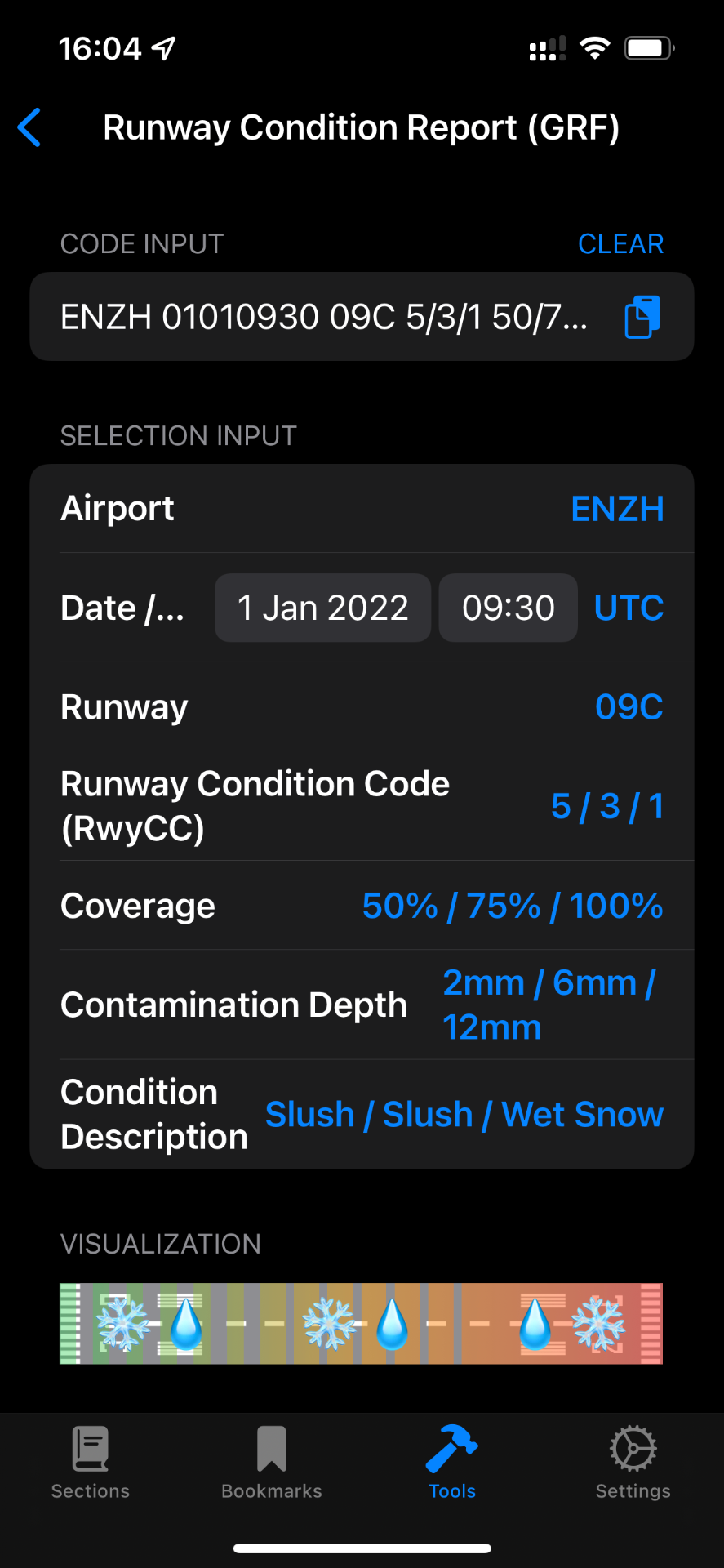 Runway Condition Report decoder screen