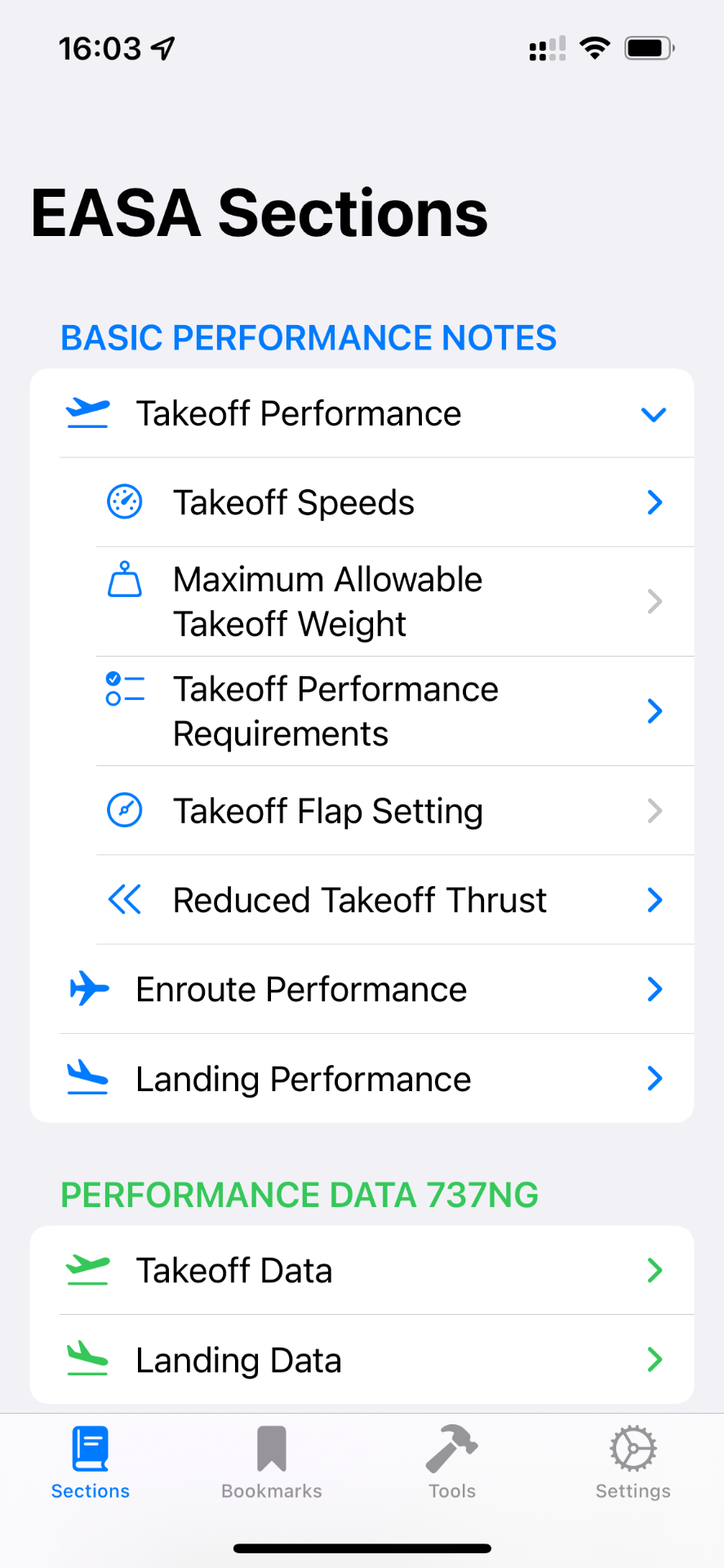 EASA Sections menu inside the B737 PRH app